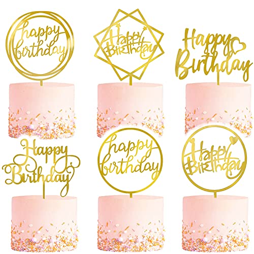 6 Pieces Happy Birthday Cake Toppers Gold Flower Acrylic Cake Toppers  Acrylic Cupcake Topper for Various Birthday Party Anniversary Cake Pastries