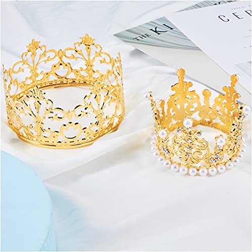 4 Pcs Crown Cake Topper Mini Tiara Birthday Crown Crystal Pearl Vintage Small Cake Crown Topper for Birthday Wedding Party Bouquet Flower Arrangements Baby Shower Decor (Gold, Classic Style)