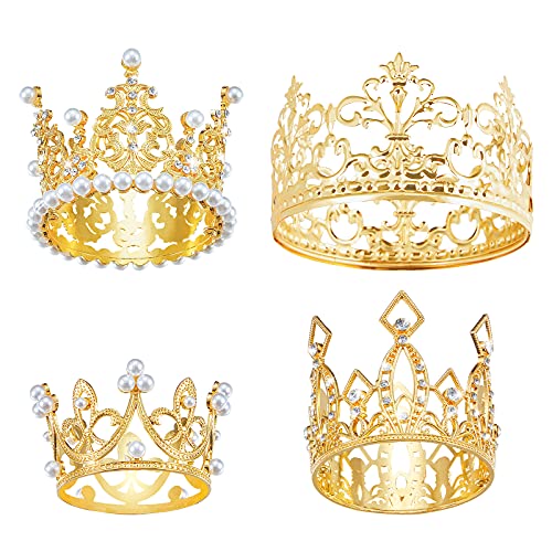 4 Pcs Crown Cake Topper Mini Tiara Birthday Crown Crystal Pearl Vintage Small Cake Crown Topper for Birthday Wedding Party Bouquet Flower Arrangements Baby Shower Decor (Gold, Classic Style)