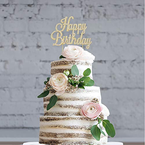 Happy Birthday Cake Topper - Premium Gold Metal - Happy Birthday Party Sparkly Rhinestone Decoration Makes a Great Centerpiece - Now Protected in a Box