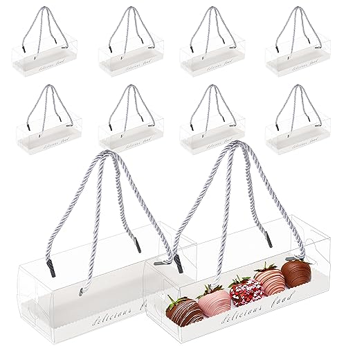 10 pack Clear Chocolate Covered Strawberries Boxes with Silver Ropes，Portable Macaron boxes for gift，7.2×2.5×2.5In Cookie Boxes for Macaroons Candy Cookies Chocolate