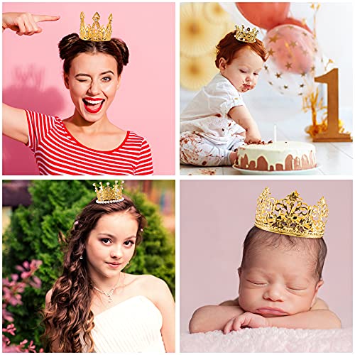 4 Pcs Crown Cake Topper Mini Tiara Birthday Crown Crystal Pearl Vintage Small Cake Crown Topper for Birthday Wedding Party Bouquet Flower Arrangements Baby Shower Decor (Gold, Classic Style)