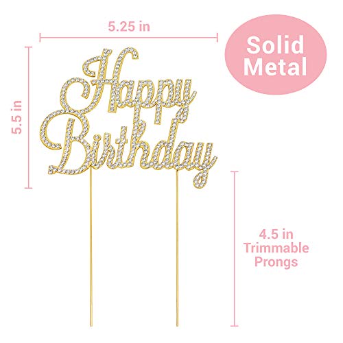 Happy Birthday Cake Topper - Premium Gold Metal - Happy Birthday Party Sparkly Rhinestone Decoration Makes a Great Centerpiece - Now Protected in a Box