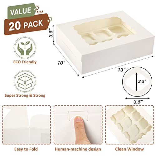 TOMNK 20pcs 13 Inch Cupcake Boxes White Bakery Boxes with Window and Inserts Cupcake Containers 12 Count Bakery Carrier Boxes for Cupcakes Muffins Donuts and Party Favor 13x10x3.5 Inch