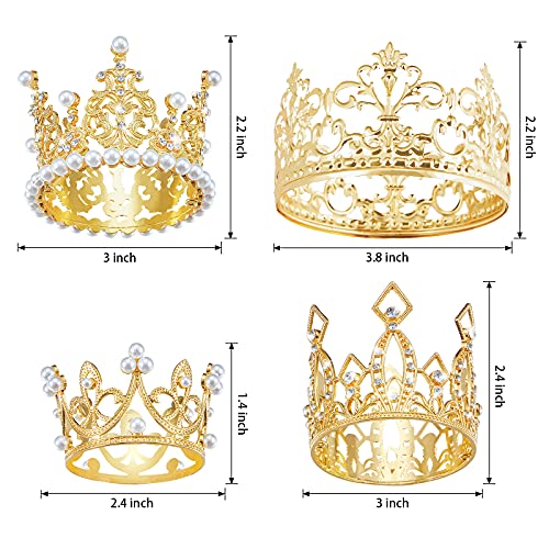 4 Pcs Crown Cake Topper Mini Tiara Birthday Crown Crystal Pearl Vintage Small Cake Crown Topper for Birthday Wedding Party Bouquet Flower Arrangements Baby Shower Decor (Gold, Classic Style)