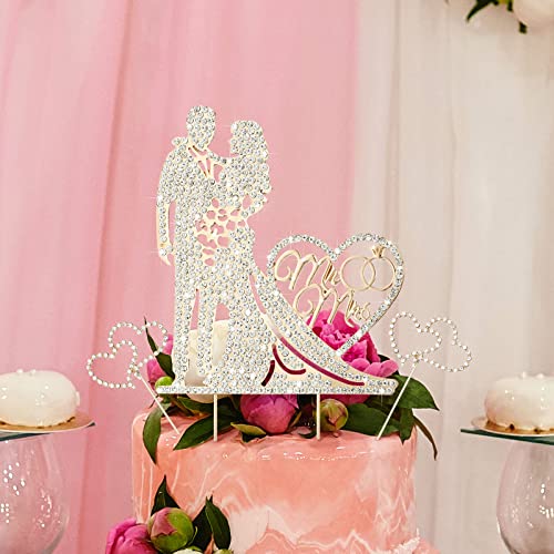 3 Pack Mr and Mrs Cake Topper Rhinestone Metal Love Wedding Cake Topper Crystal Heart Shaped Cake Toppers Funny Diamond Bride and Groom Anniversary Party Cake Decoration Gold