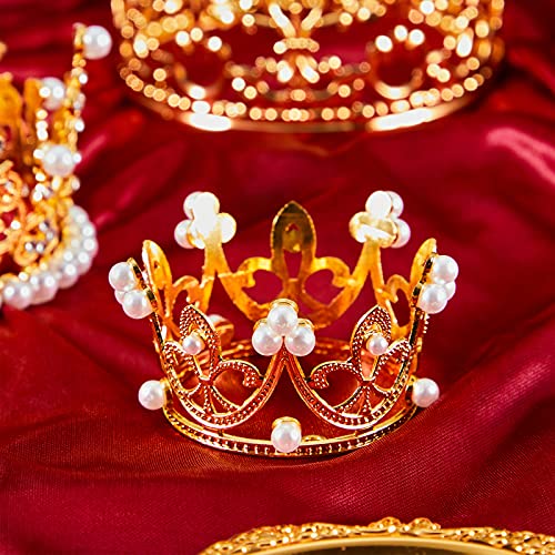 4 Pcs Crown Cake Topper Mini Tiara Birthday Crown Crystal Pearl Vintage Small Cake Crown Topper for Birthday Wedding Party Bouquet Flower Arrangements Baby Shower Decor (Gold, Classic Style)