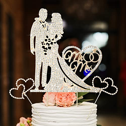 3 Pack Mr and Mrs Cake Topper Rhinestone Metal Love Wedding Cake Topper Crystal Heart Shaped Cake Toppers Funny Diamond Bride and Groom Anniversary Party Cake Decoration Gold